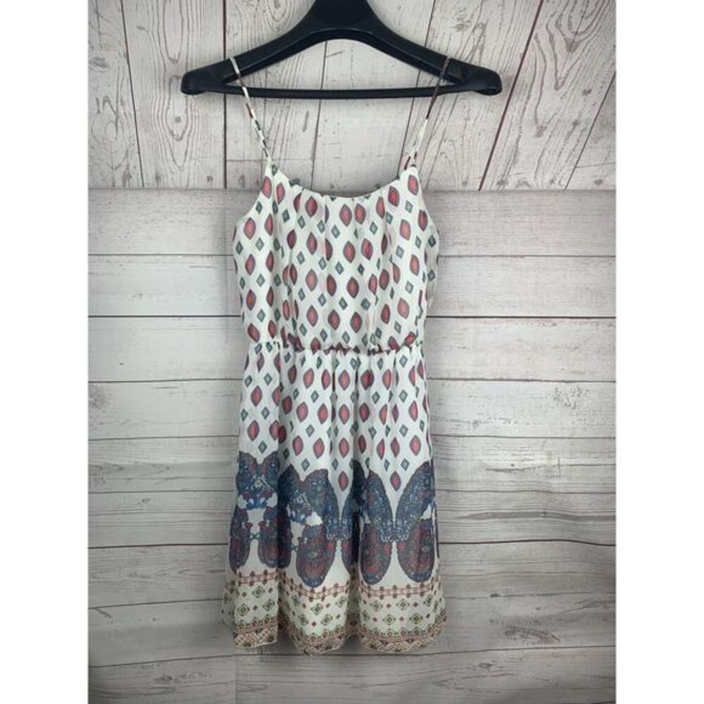 Trac A-Line Dress Womens small White Multi Strappy Mixed-Print Sleeveless